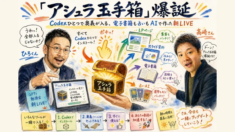 ひろくんと高崎さんがアシュラ玉手箱アプリの大幅アップデートについて語り合う和モダングラレコ全体図