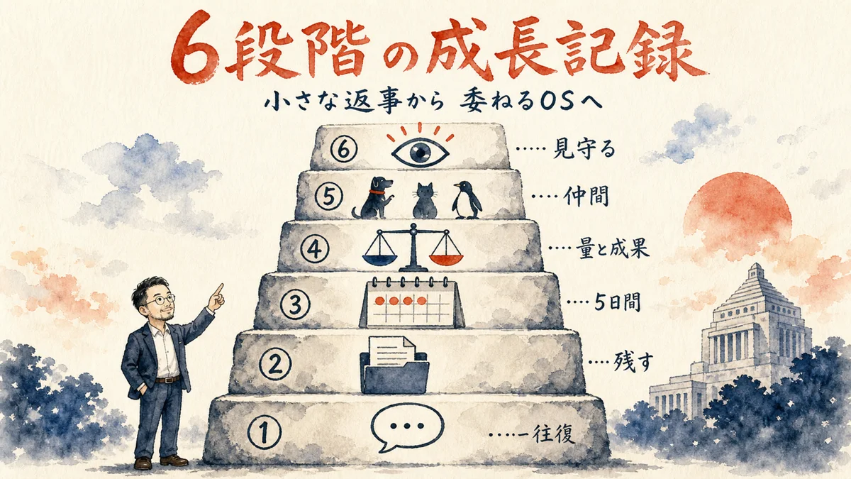 政党の中で働くAI「みらいいぬ」が委ねるOSに育つ6段階の全体図解