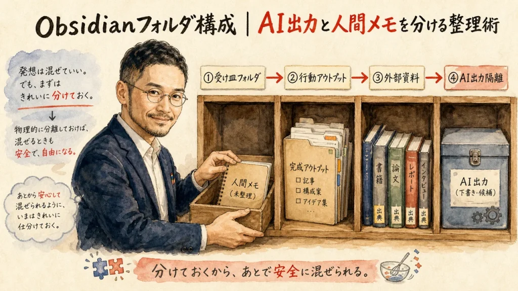 Obsidianフォルダ構成|AI出力と人間メモを分ける整理術(アイキャッチ)