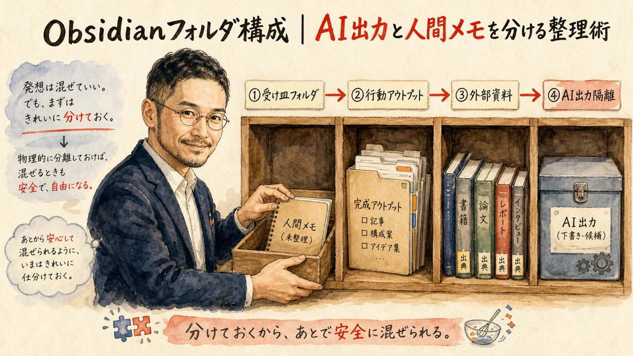 ObsidianでAI出力と人間メモを分けるフォルダ構成の図解