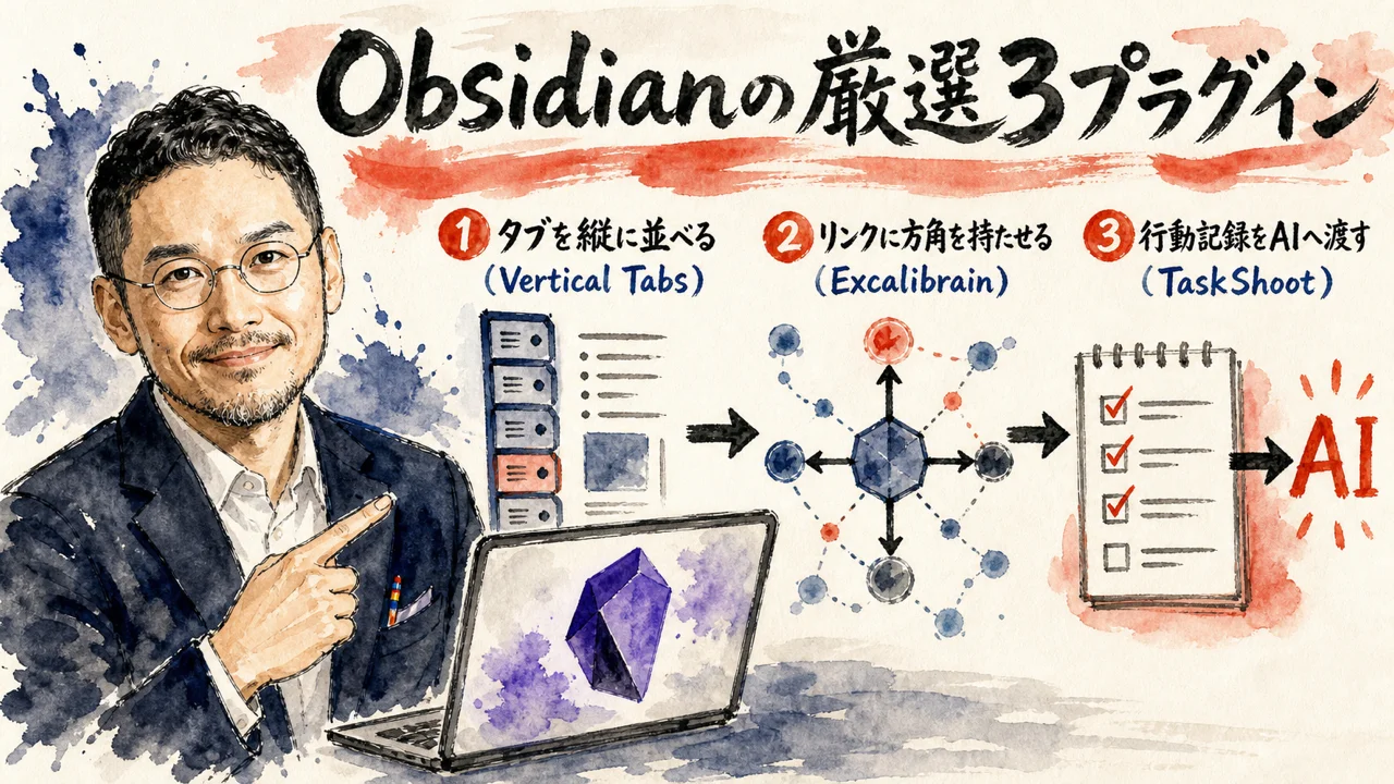 Obsidianの厳選プラグイン3本の役割を並べて比べた図解