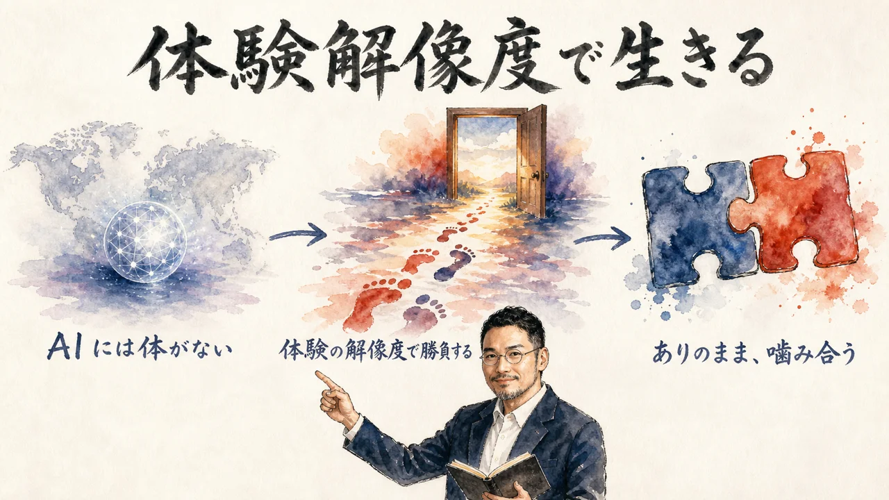 AIには体がない、体験の解像度で勝負する、ありのまま噛み合う——記事全体の3つの視点をひろくんが指し示す図解
