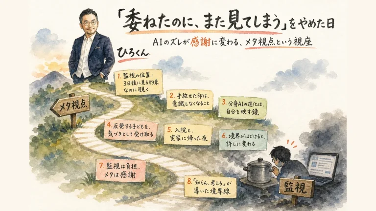「委ねたのに、また見てしまう」をやめた日 全体図解——監視の位置とメタ視点の位置を丘の道でつなぐ図