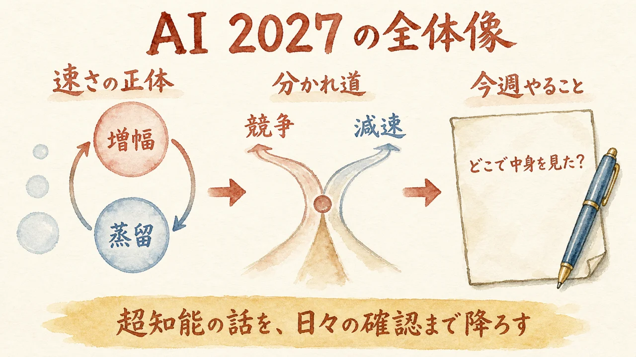 AI 2027の全体像を1枚で見渡す図解。増幅と蒸留のループ、2027年10月の分かれ道、今週やる確認の3ブロック