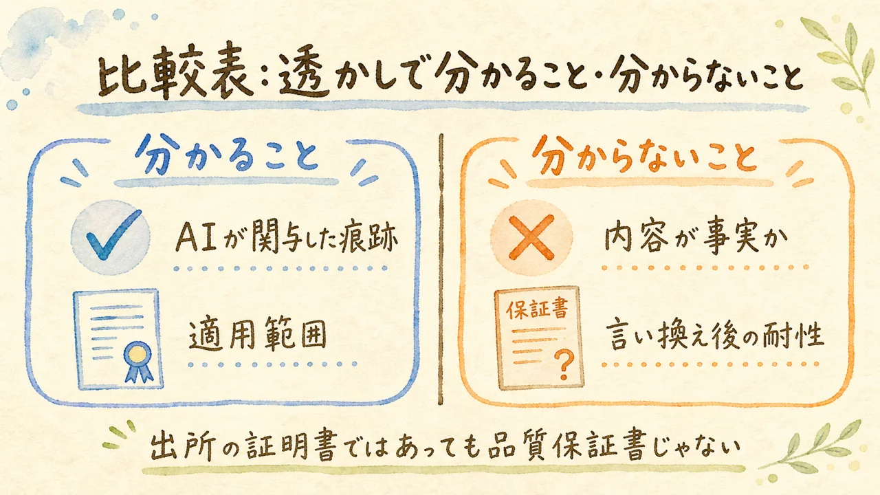 比較表：透かしで分かること・分からないこと