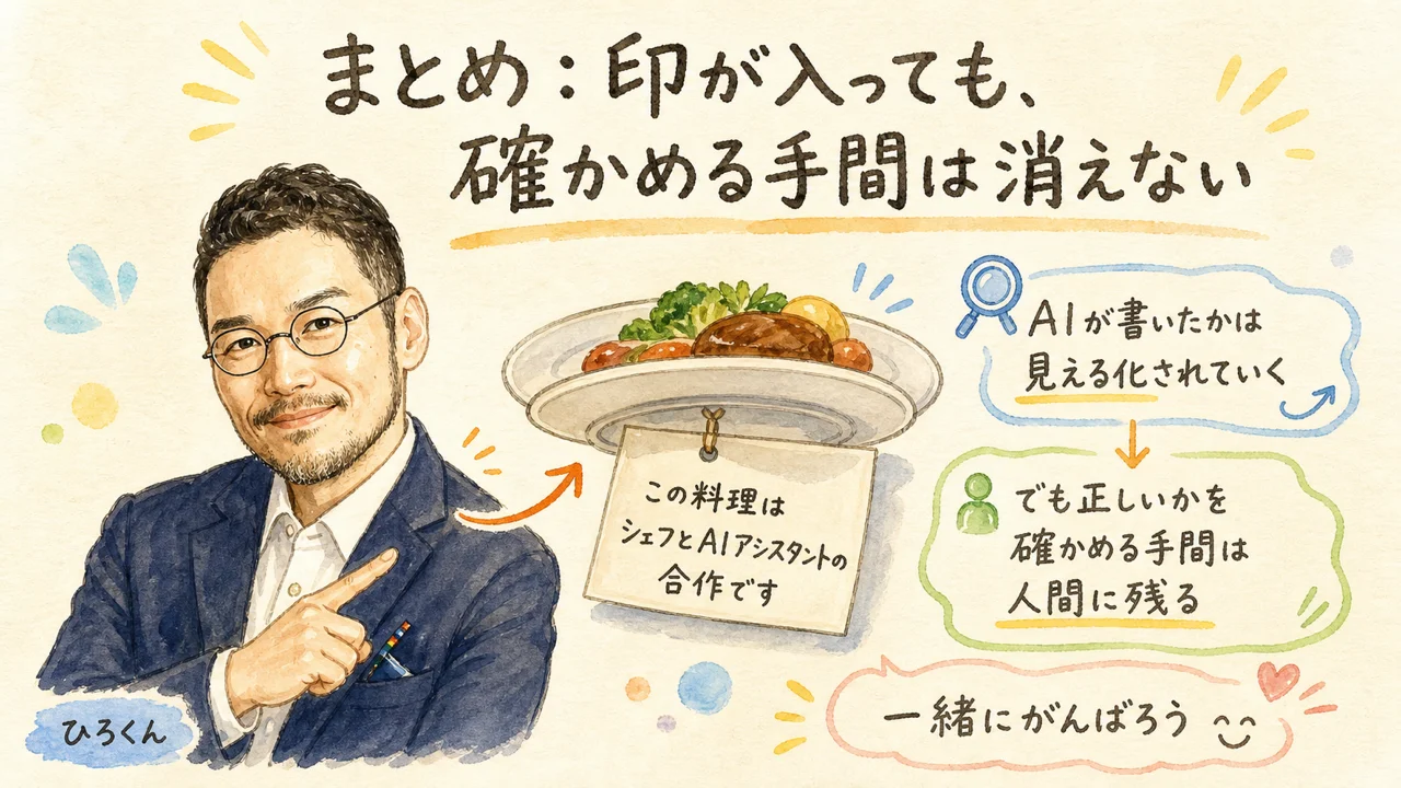 まとめ：AIが書いた文章に印が入っても、確かめる手間は消えない