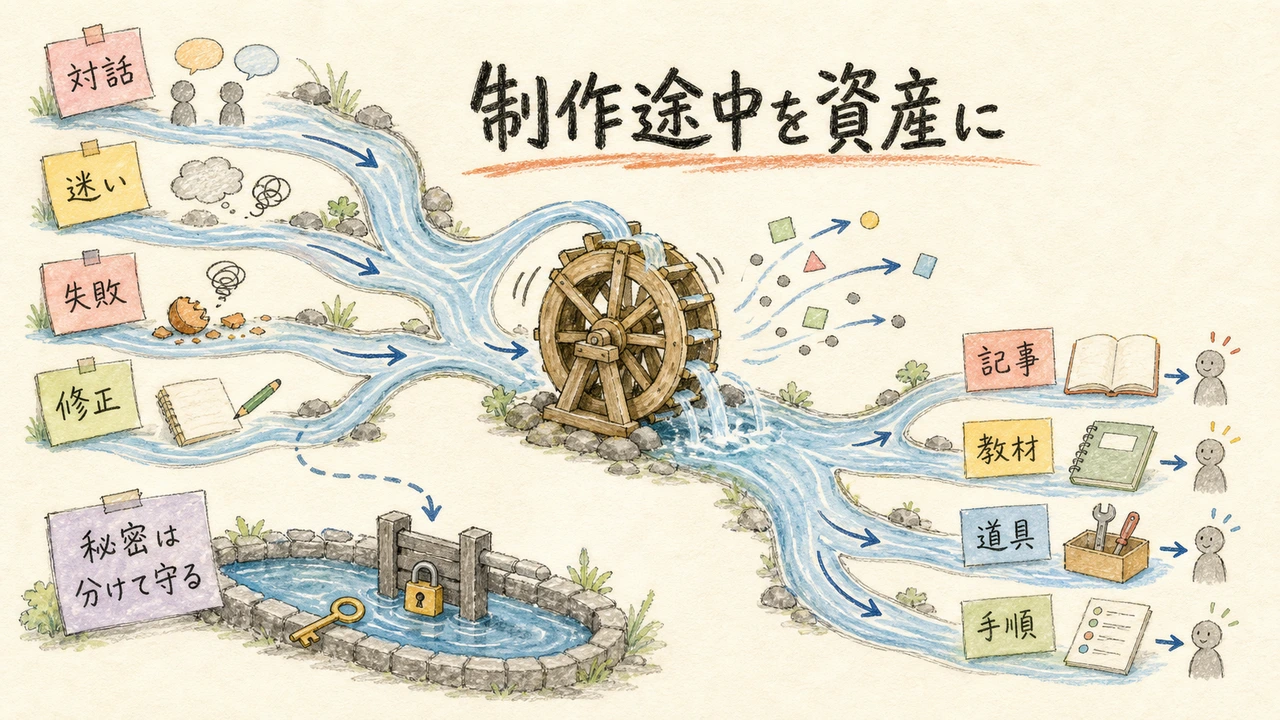 対話や失敗を人工知能が記事や道具へ整理する流れの図解