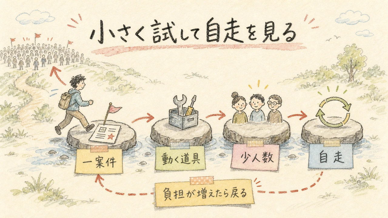 一案件から始めて動く道具と自走を確かめる順番の図解