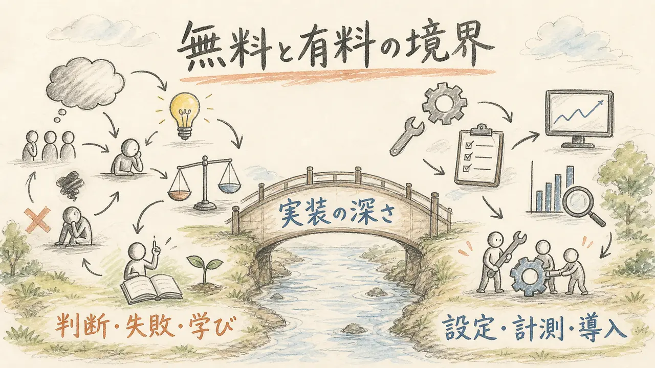無料で開く判断や学びと有料で扱う実装を分けた図解