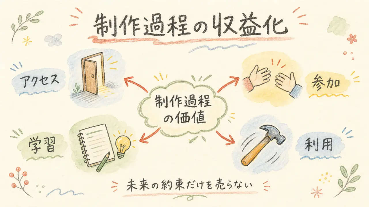 制作過程の収益化をアクセス・参加・学習・利用の四つに分解した全体図