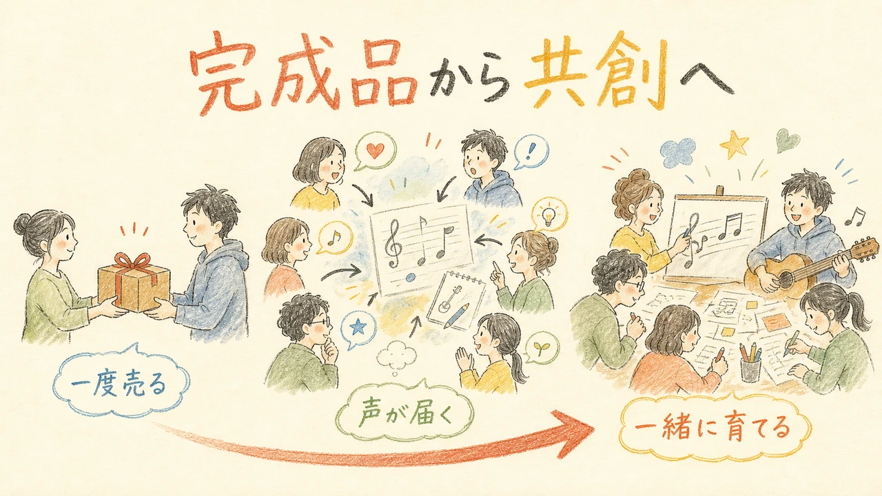 完成品の一度売りから制作への参加へ変わる流れの図解