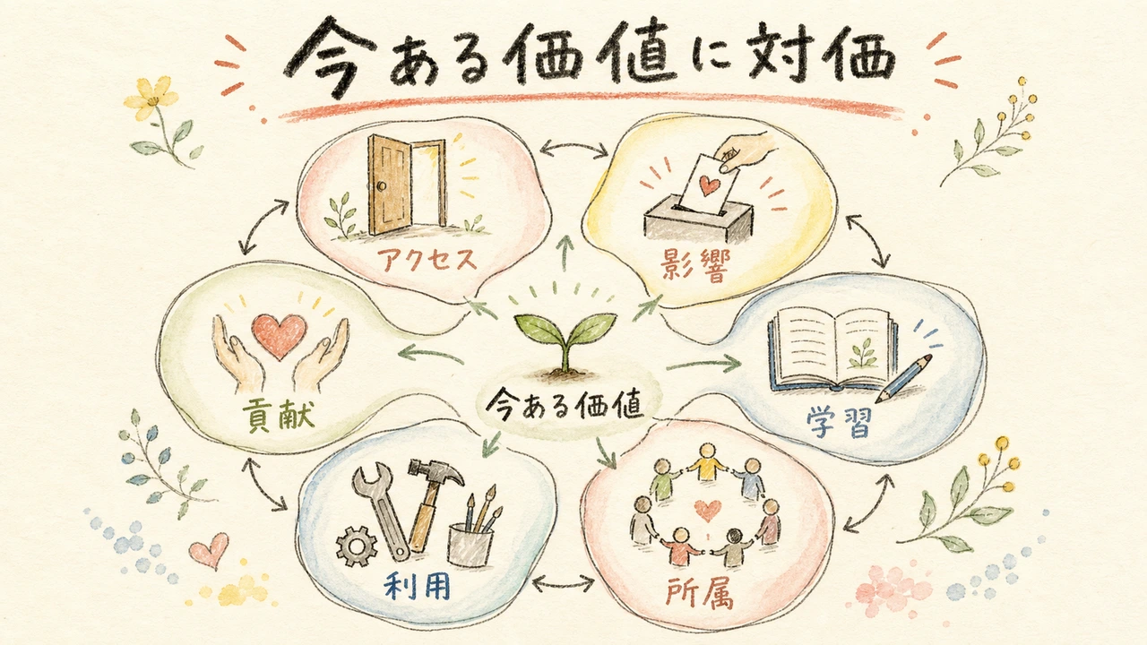 未完成品ではなく現在受け取れる六つの価値を示す図解