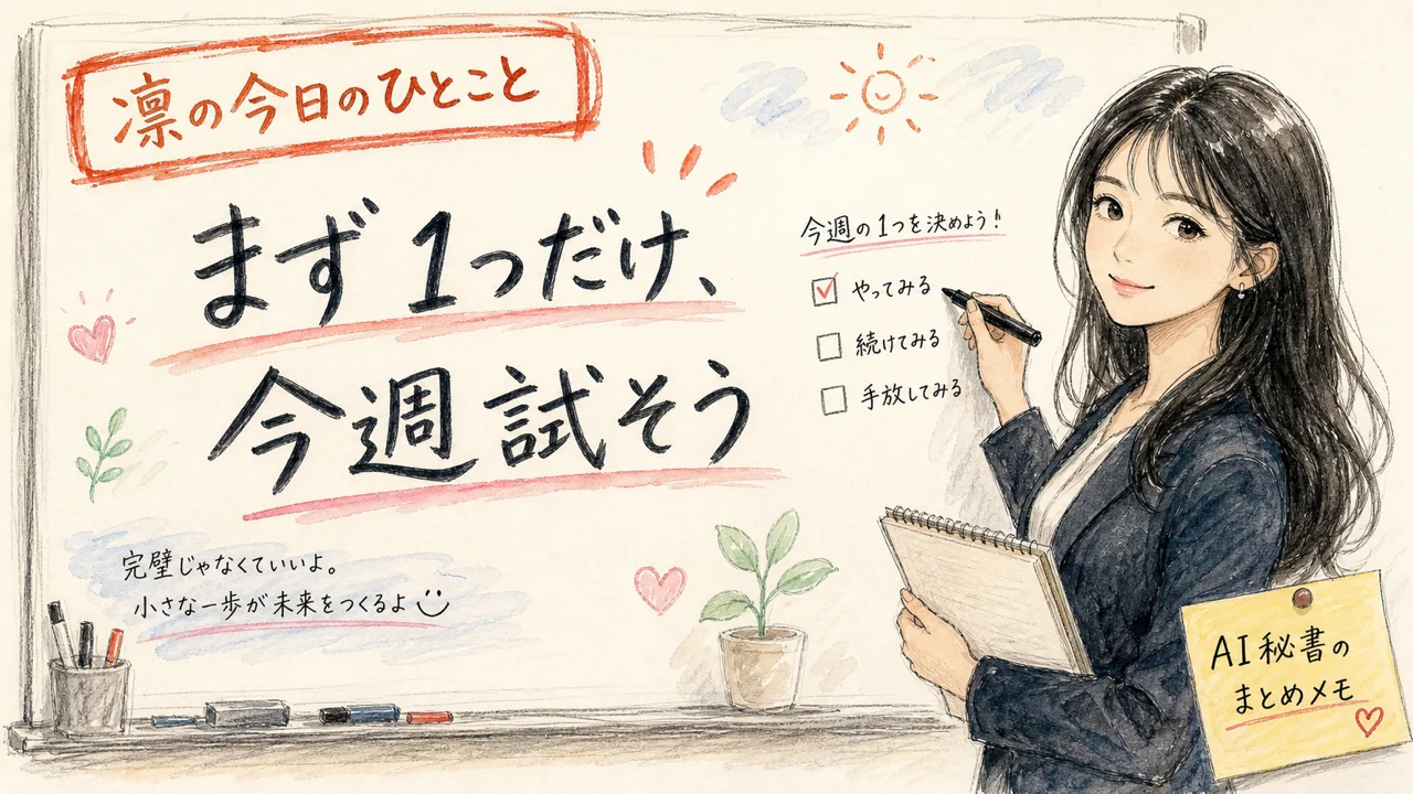凛がホワイトボードに小さなチェックリストを描いているイメージ図解