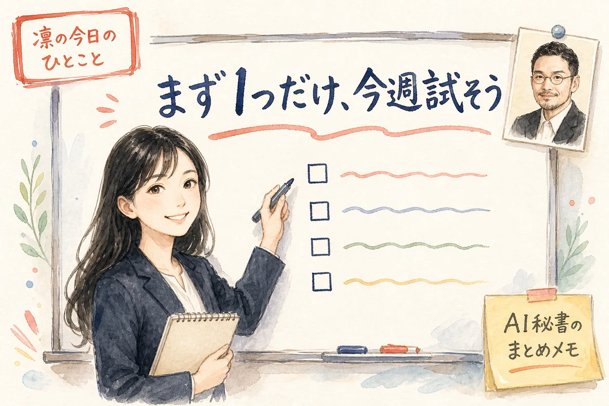 凛がホワイトボードに小さなチェックリストを描いているイメージ図解