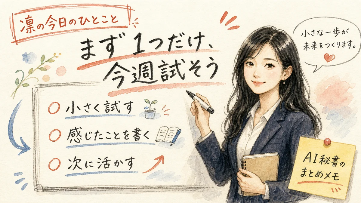 凛がホワイトボードに今週試すことリストを描いているイメージ図解