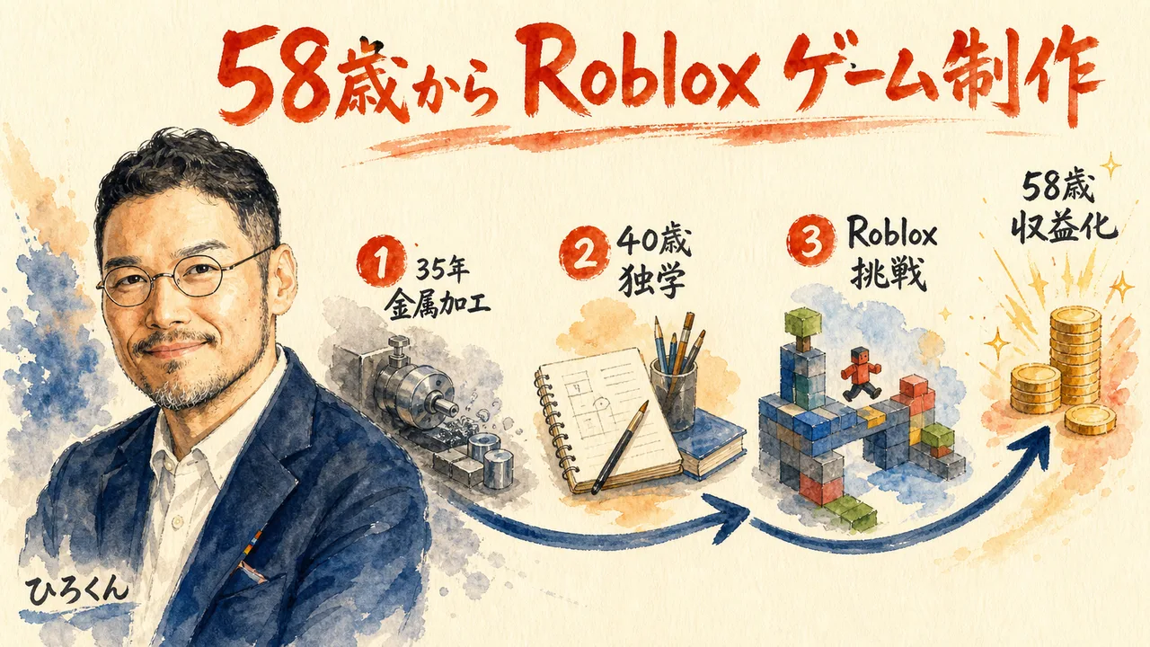 58歳からRobloxのゲーム開発に挑んだ重松さんを紹介する記事のアイキャッチ