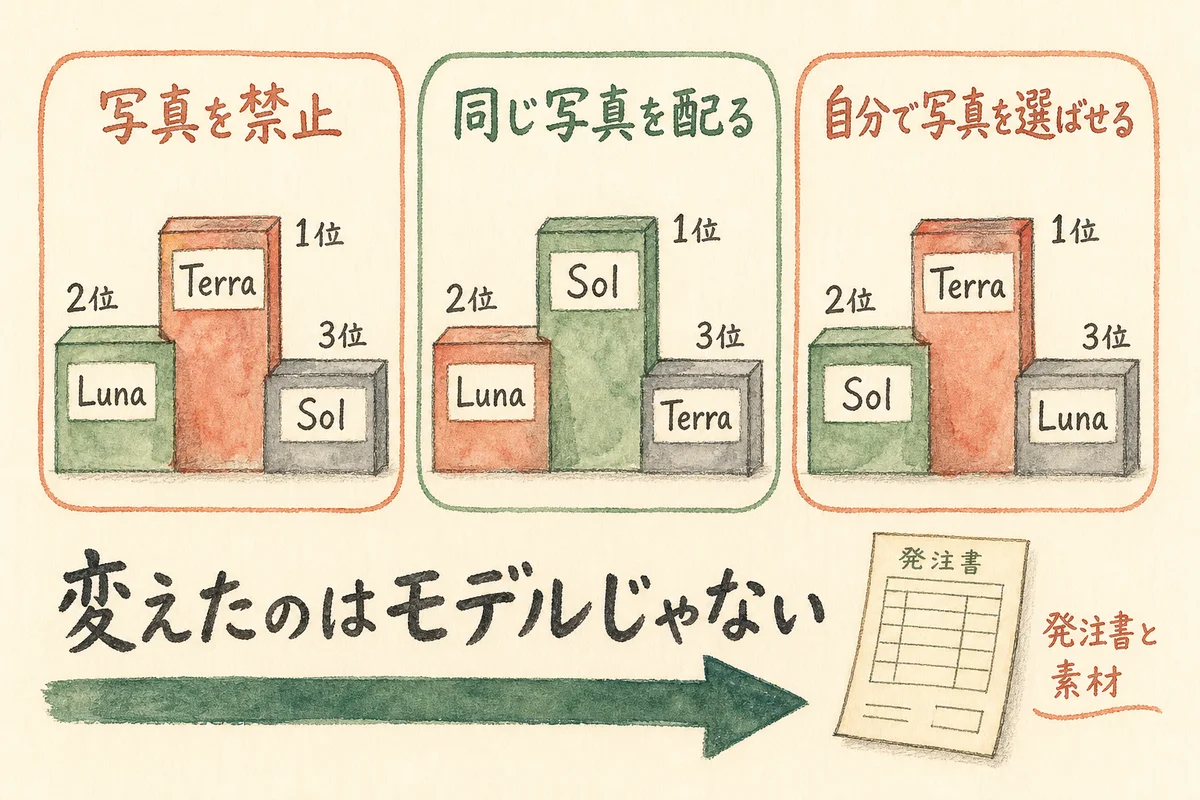 3回の実験で総合1位が毎回入れ替わったことを示す図解。変わったのはモデルではなく発注書と素材