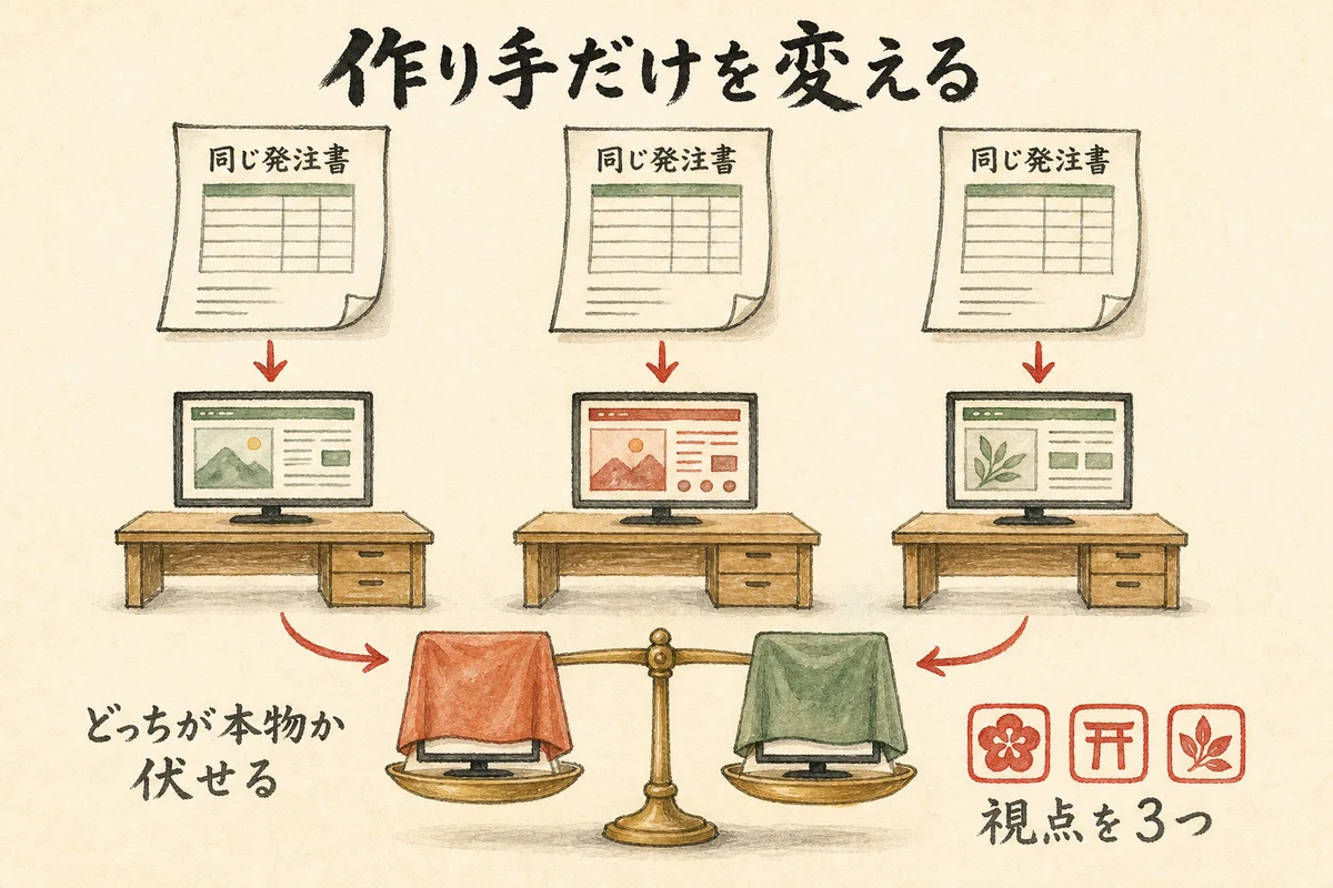 同じ発注書を3つの独立した机へ配り、どちらが本物か伏せて審査する実験設計の図解