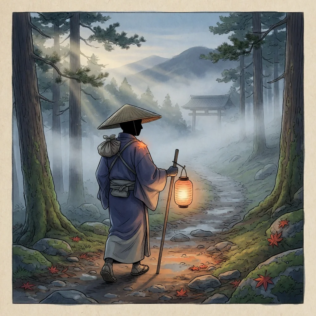 朝霧の山道を進む笠姿の無名の旅人。Grok Imagineで生成した歴史漫画×AI動画トライアルの静止画