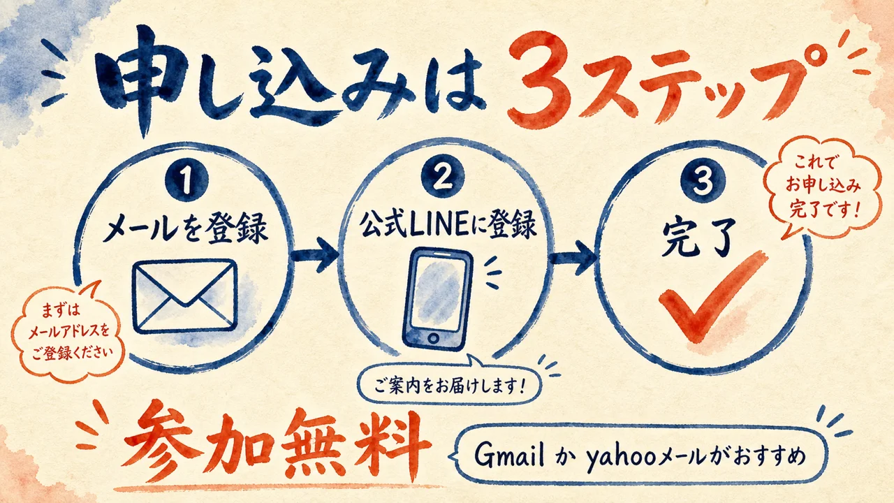 申し込みは3ステップ。メール登録→公式LINE→完了