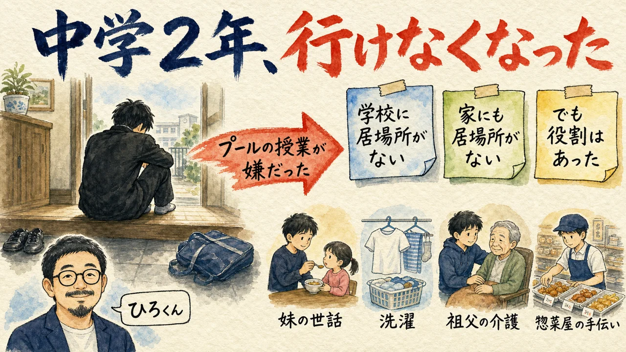 中学2年で行けなくなった。学校にも家にも居場所はなかったが、役割はあった