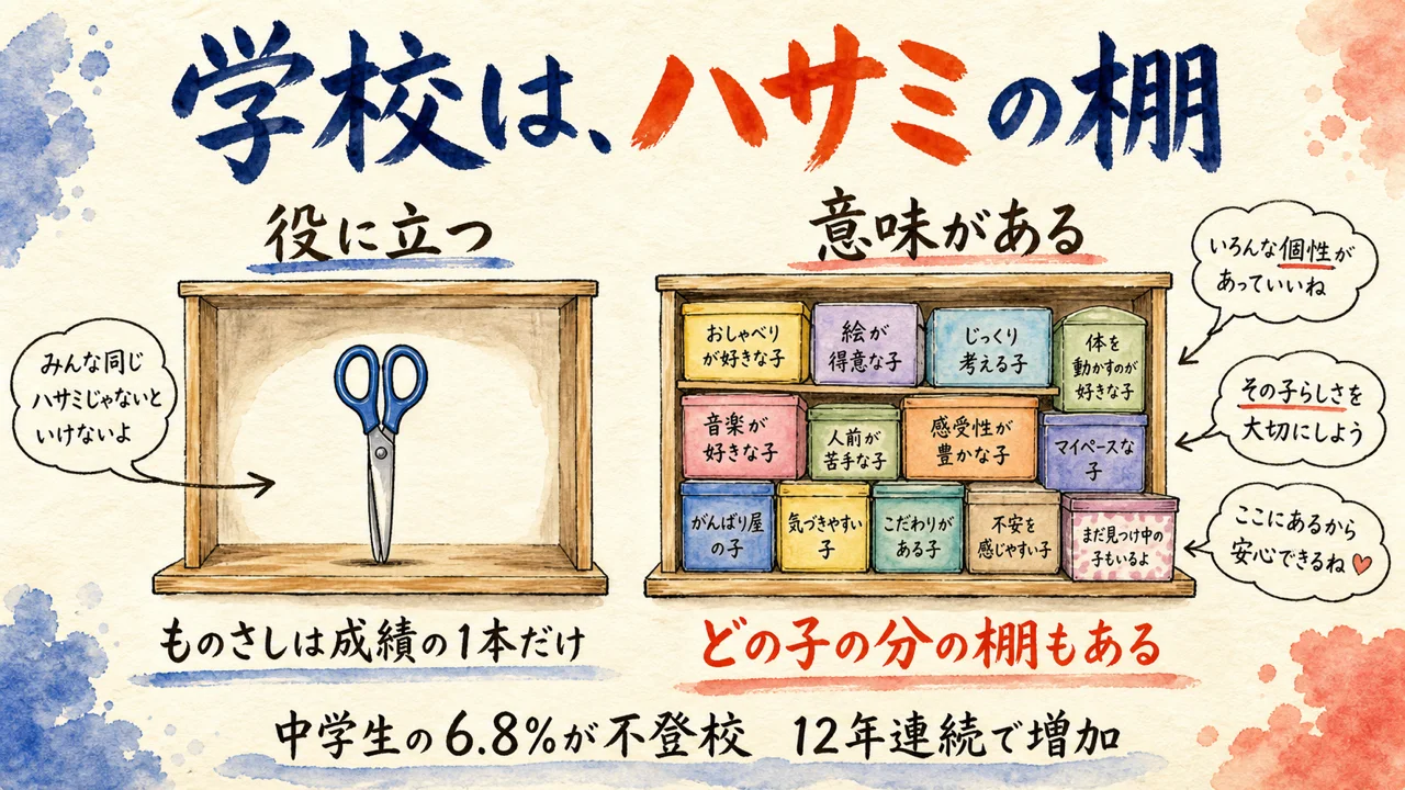 学校はハサミの棚。ものさしが1本しかない