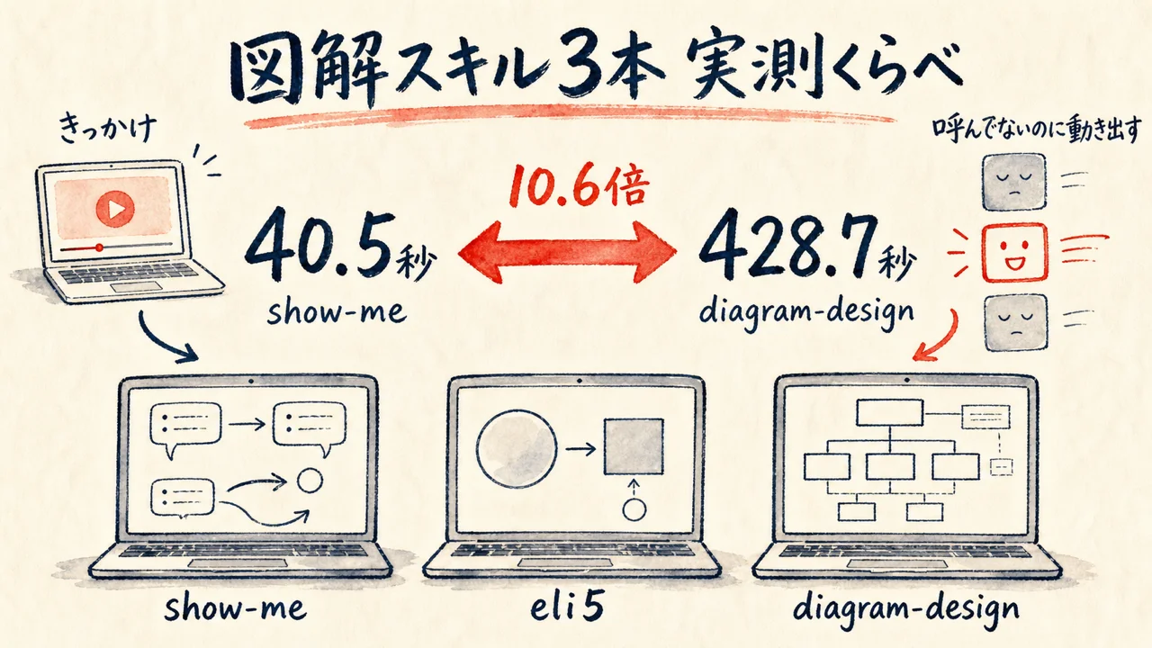 Claude Code図解スキル3本の実測比較で10.6倍差がついた結果の図解