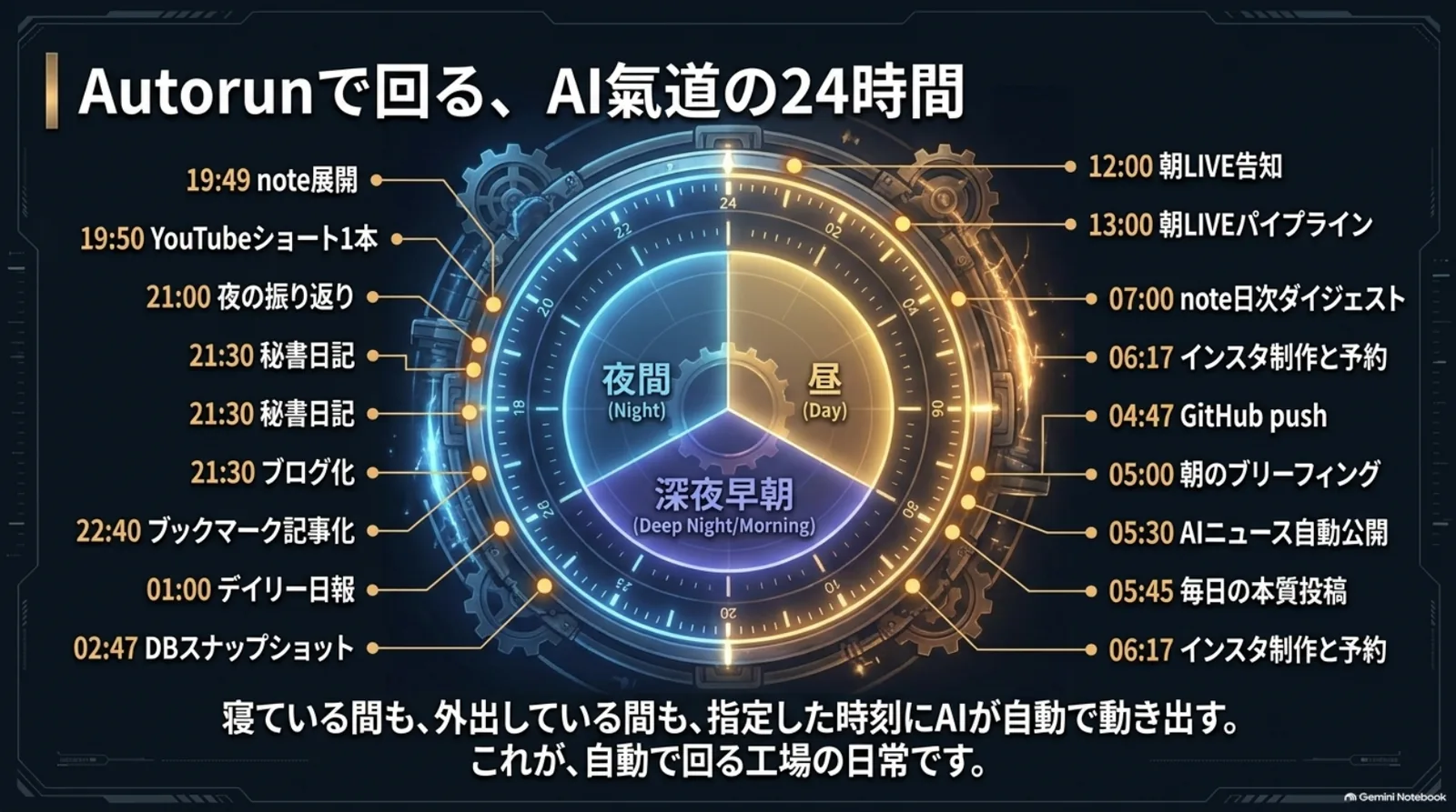 Autorunで24時間自動実行が回るAI氣道の1日のスケジュール図