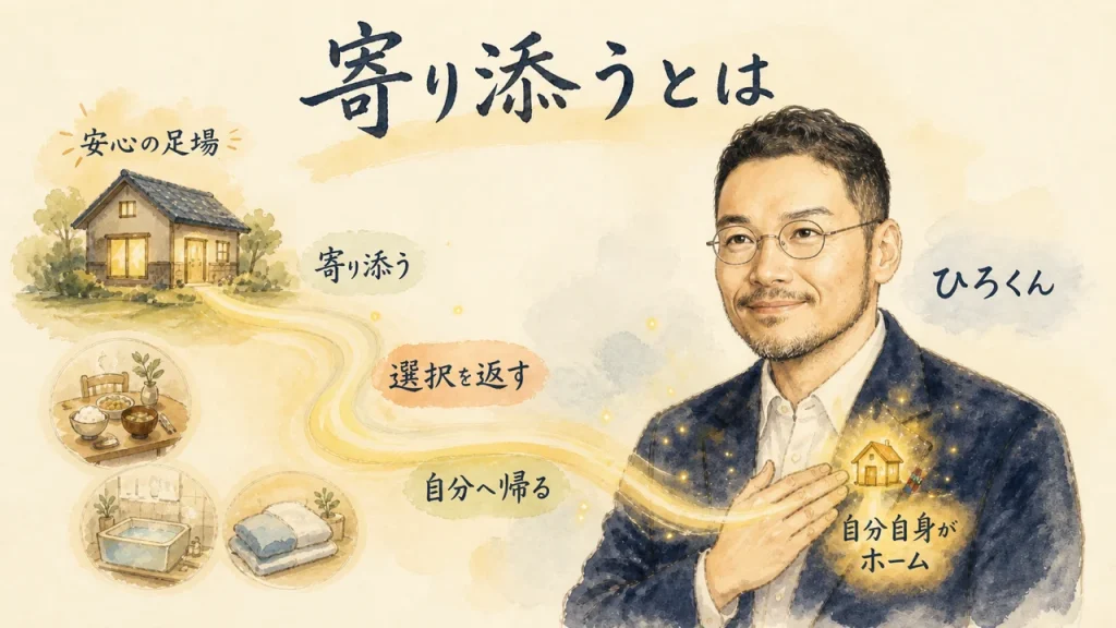 寄り添うとは答えを渡すことではなく自分自身がホームになることを描いた水彩図解