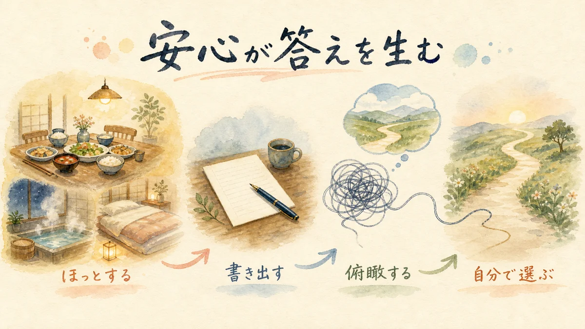 実家でほっとして書き出し俯瞰し自分で選ぶ流れを示す水彩図解