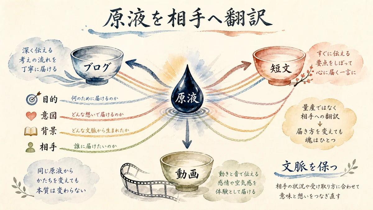 目的意図背景相手という文脈を保って原液を媒体へ翻訳する水彩図解