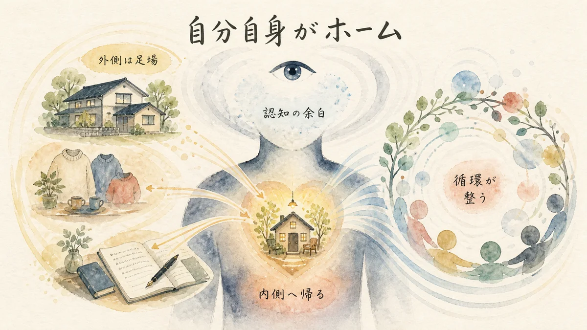 外側の足場から内側へ帰り認知の余白と循環が整う水彩図解