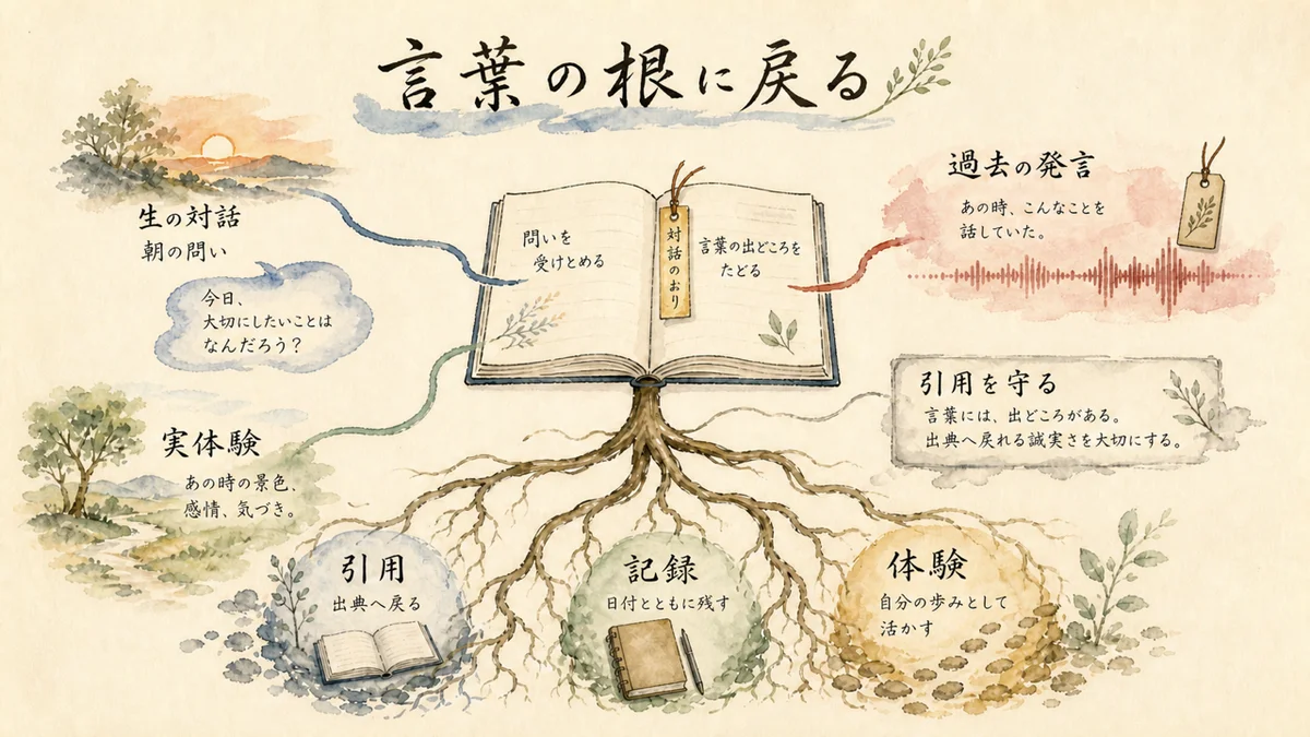 生の対話と実体験と過去の発言から言葉の出典へ戻る水彩図解