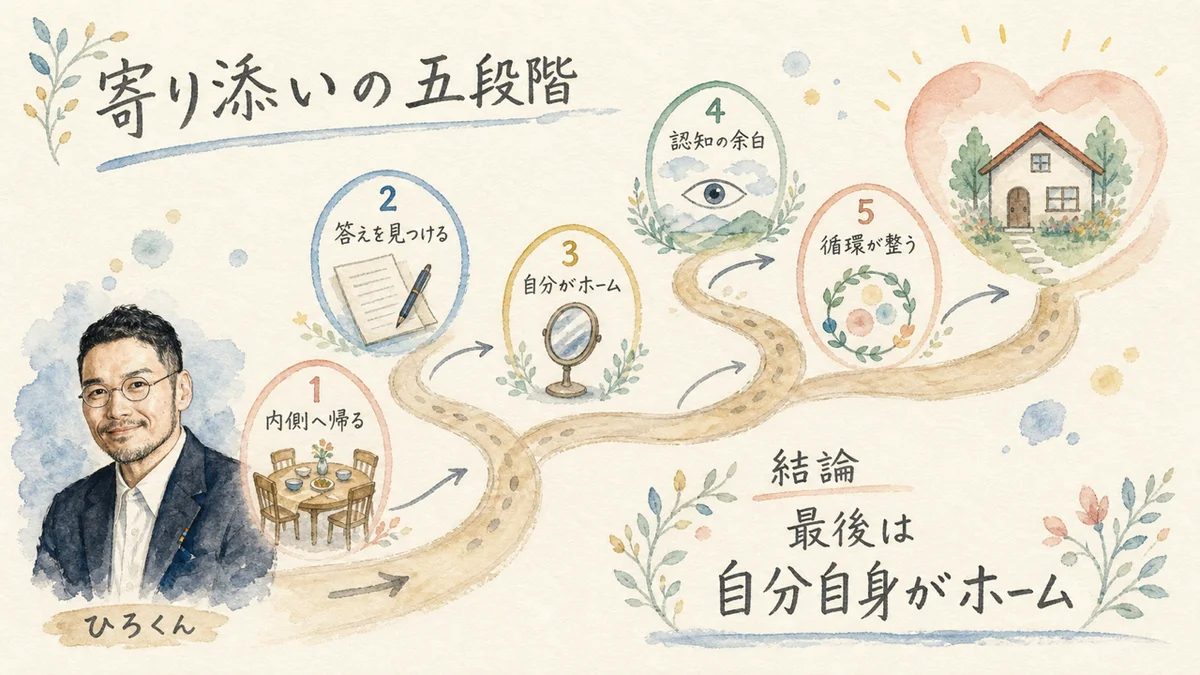 内側へ帰ることから循環が整うまでの寄り添いの五段階を示す水彩図解