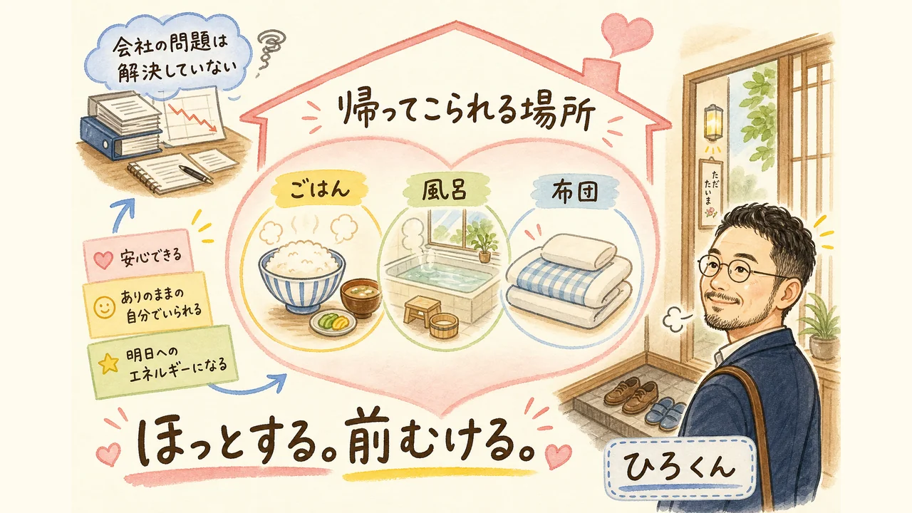 安心安全の原体験|実家のごはん・風呂・布団と「ほっとする。前むける。」(図解)