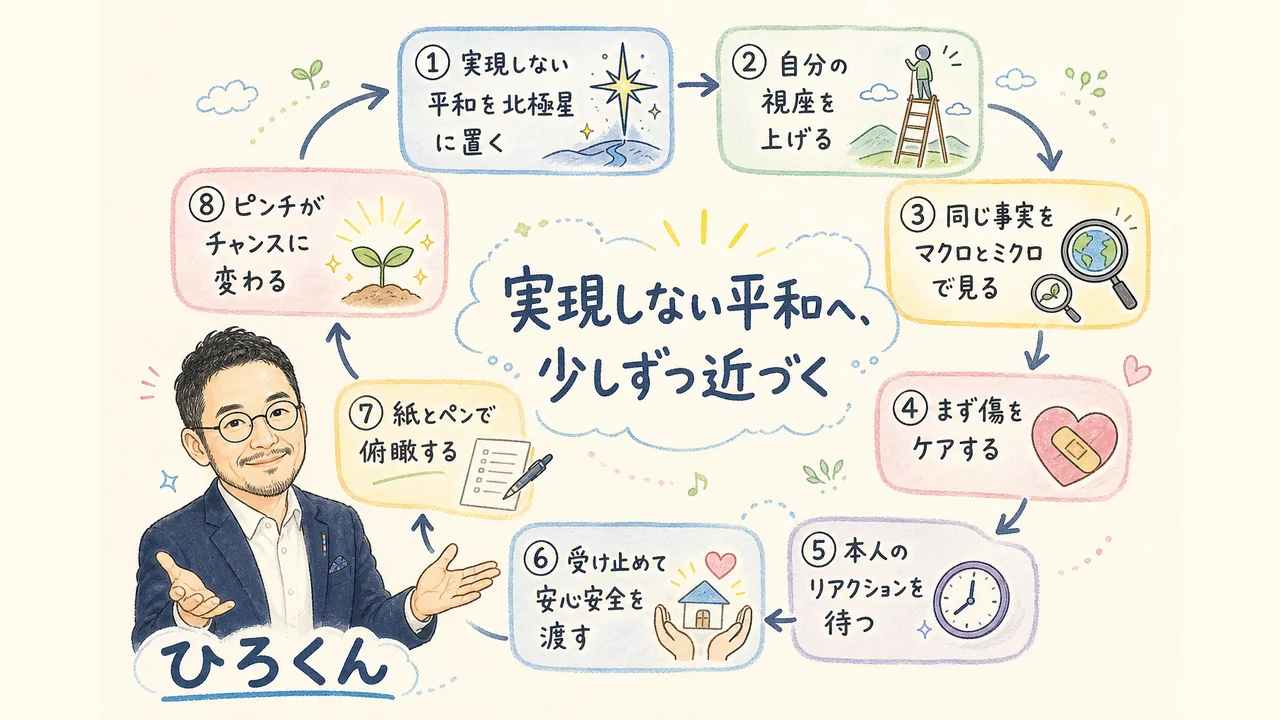 この記事の全体像|実現しない平和へ近づく8ステップの循環(全体図解)