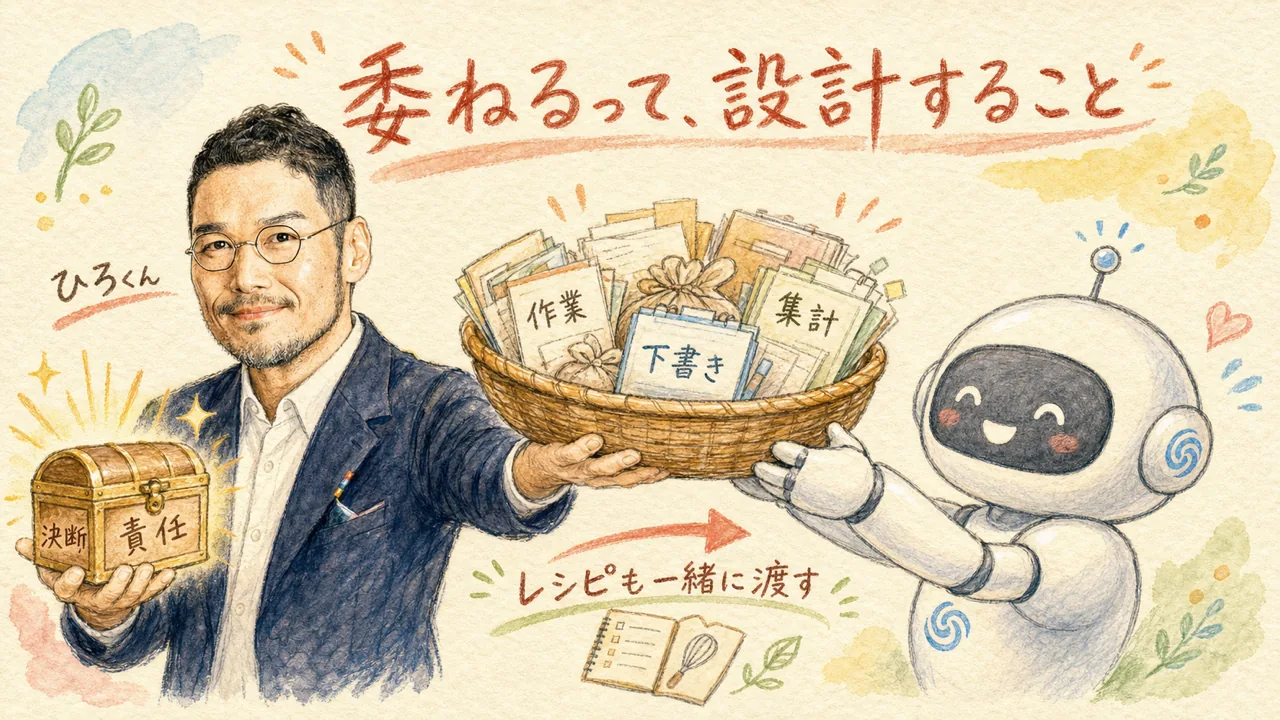ひろくんが作業のかごをAIへレシピ付きで手渡し、決断と責任の宝箱を手元に残す図解