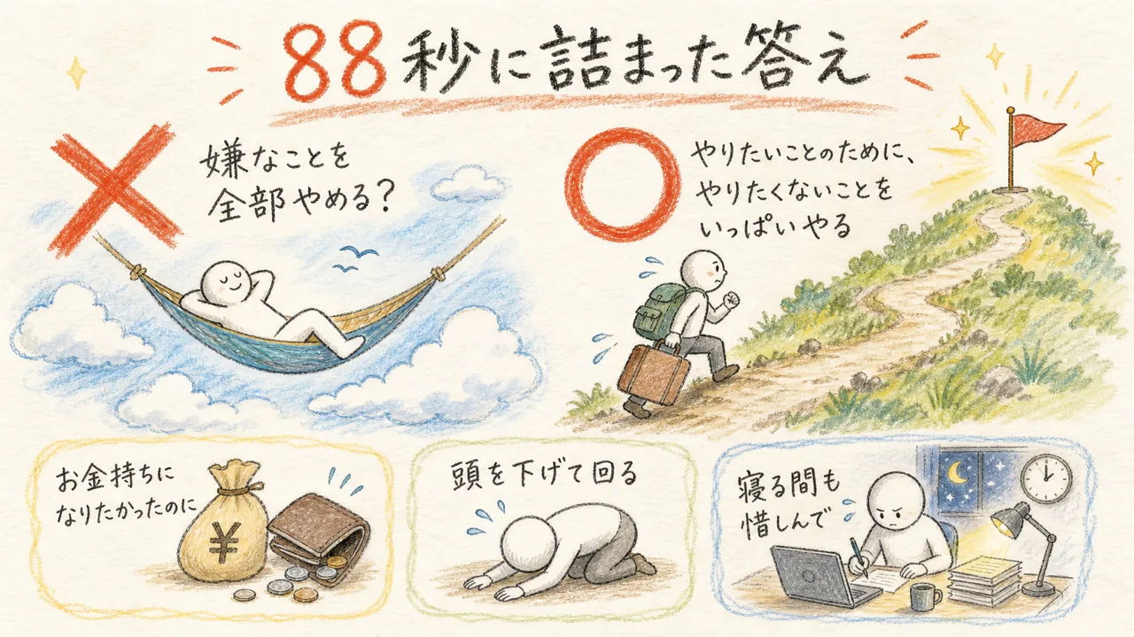 嫌なことを全部やめるは誤解。やりたいことのためにやりたくないことをいっぱいやるが答えの図解