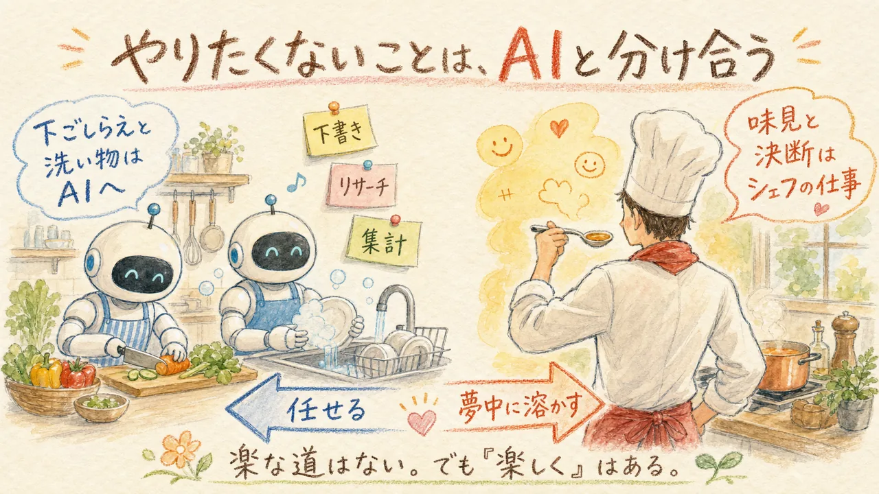 下ごしらえと洗い物はAIスタッフに任せ、味見と決断は人間のシェフが担う役割分担の図解
