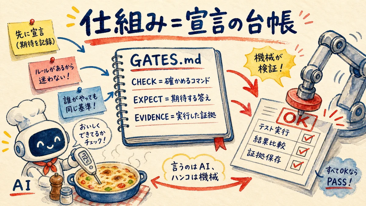 仕組み=宣言の台帳:GATES.mdにCHECK・EXPECT・証拠を書く