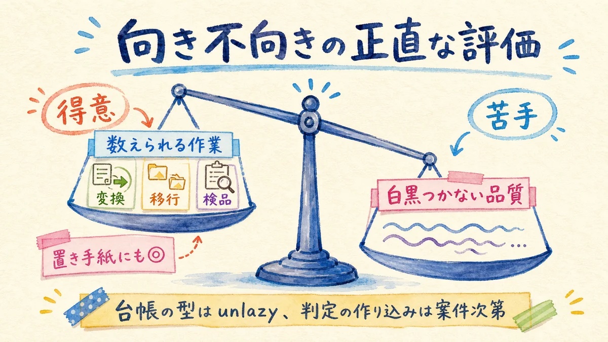向き不向きの正直な評価:数えられる作業に強く、白黒つかない品質は苦手