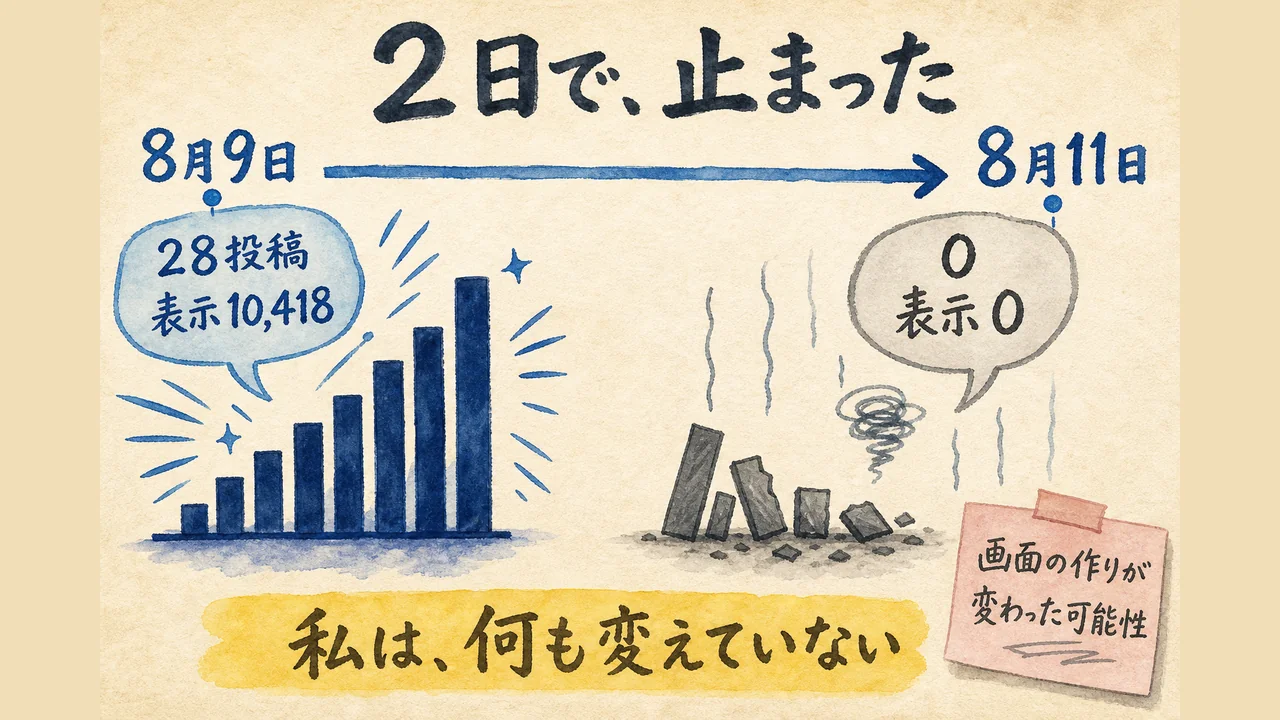 8月9日は28投稿・表示10,418件だったが、8月11日は0件。走り書きのメモには「画面の作りが変わった可能性」。私は何も変えていない