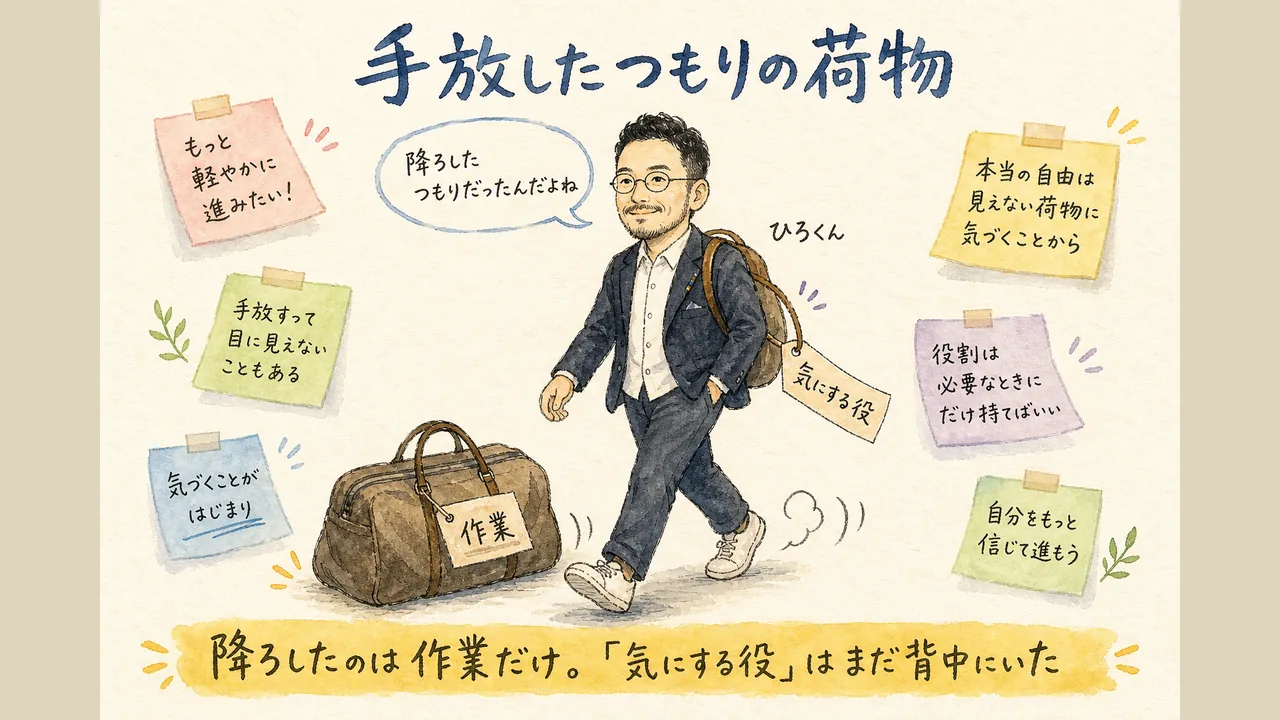 手放したつもりの荷物——降ろしたのは作業だけ。「気にする役」の小さなリュックはまだ背中に残っていた