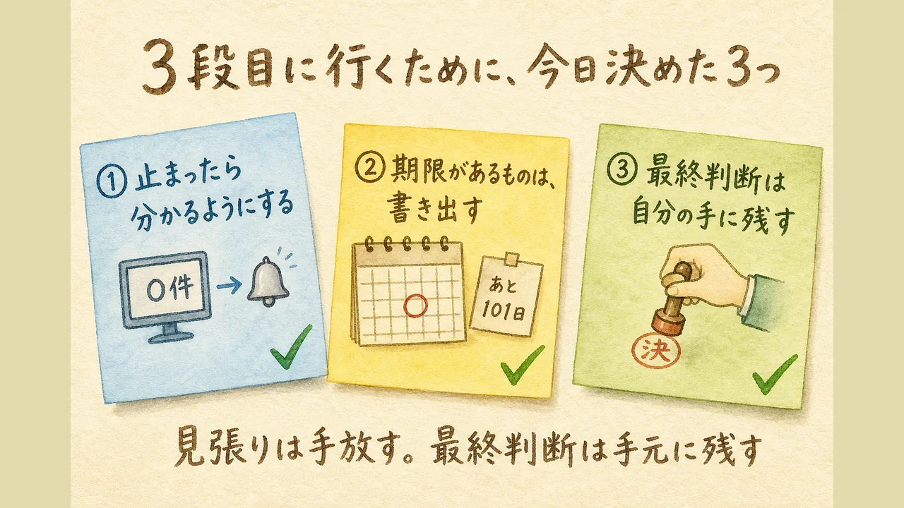 今日決めた3つ——止まったら分かるようにする・期限があるものは書き出す・最終判断は自分の手に残す