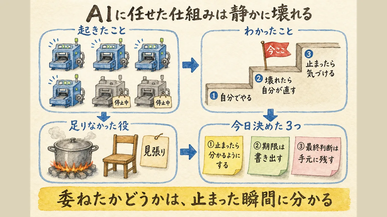記事全体のまとめ図解——6つ中2つ停止・委ねる3段階・見張り不在・今日決めた3つ・委ねたかどうかは止まった瞬間に分かる