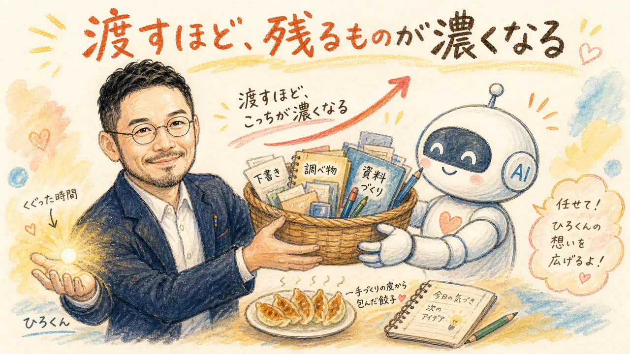 ひろくんが作業のかごを分身AIへ渡し、くぐった時間の灯りを手元に残しているコラム図解