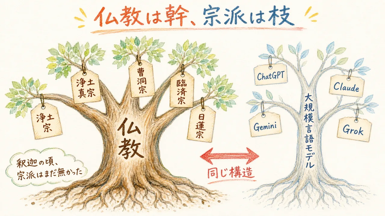 幹が仏教で枝が各宗派、隣に大規模言語モデルと各AIツールを並べた対比の図解