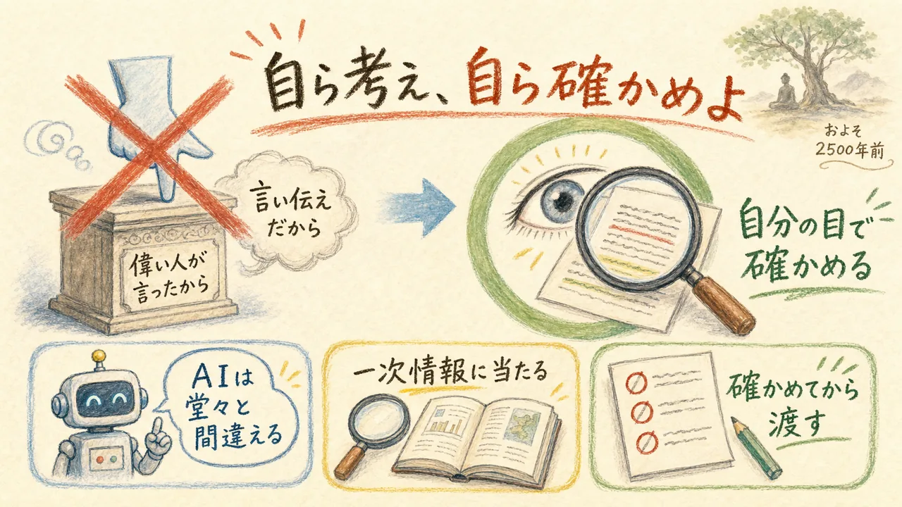 偉い人の言葉を鵜呑みにせず自分の目で確かめる、釈迦の教えとAI時代を重ねた図解