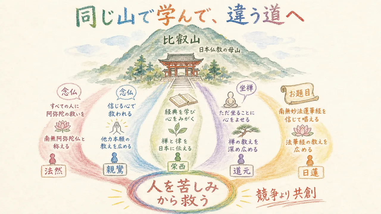 比叡山から五本の道が広がり、目指す先で一つの円に合流する共創の図解