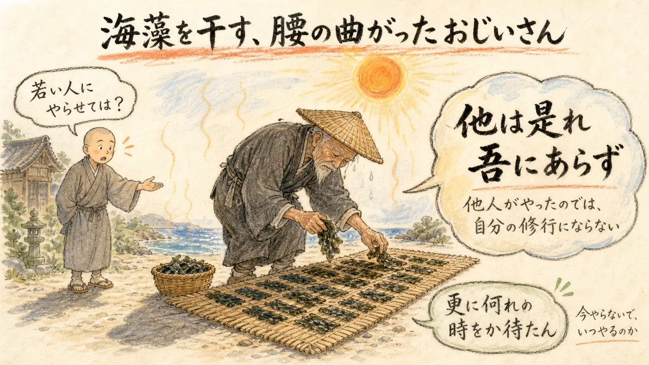 炎天下で海藻を干す老僧と、驚く若い道元、他は是れ吾にあらずの言葉を描いた図解